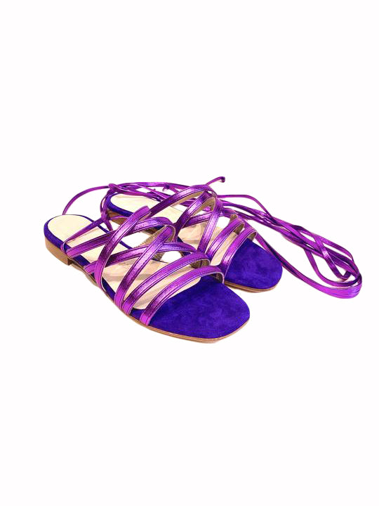Sandalo in Pelle e Camoscio con Lacci alla Caviglia Color Viola